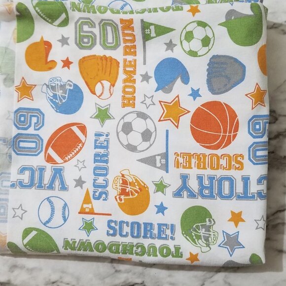 Fabric Remnants Cotton Sports White Background Green Blue Orange 4 3/8  Yards - Picture 4 of 6